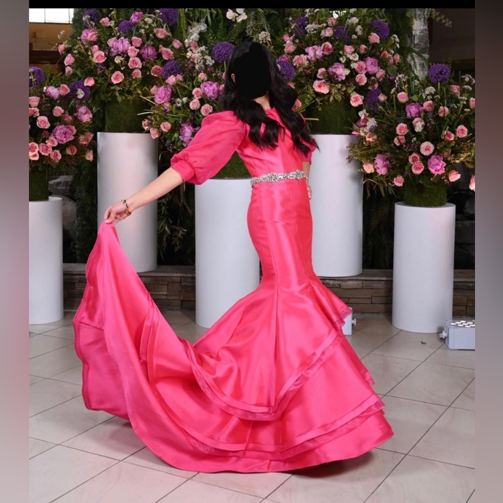 Hot pink gown with trail 
Mesh chiffon sleeves